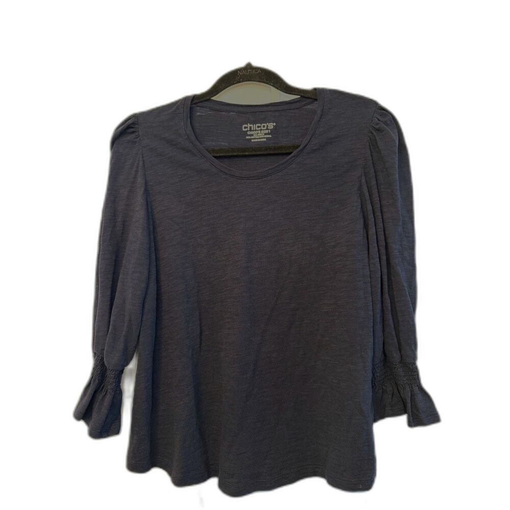 Chicos Navy Blue Smocked Puff Sleeve Top Cotton Modal Size 1 Medium M Knit
